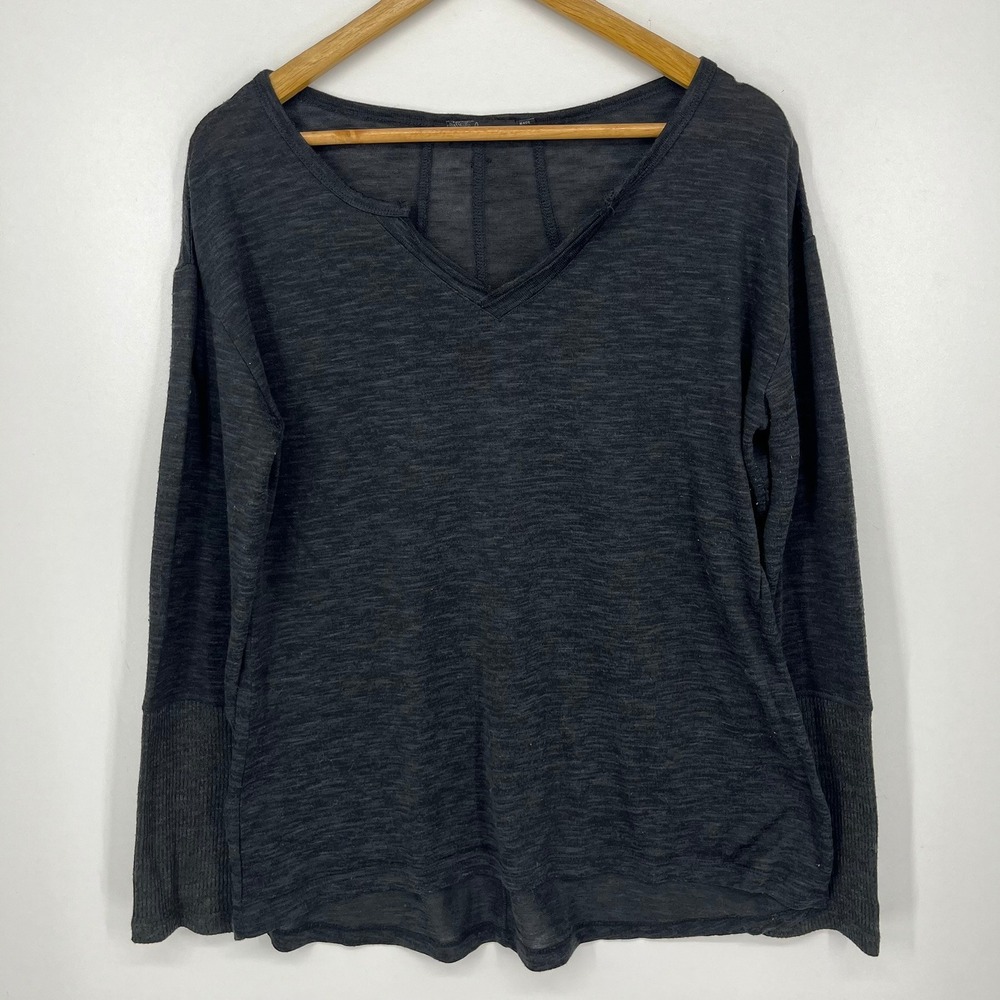 Prana Womens Charcoal Gray Slub Knit V-Neck Long Sleeve Yoga Top Size Large